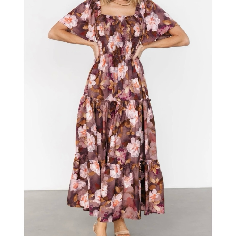 Baltic Born Brown Pink Floral Southhampton Smocked Maxi Dress